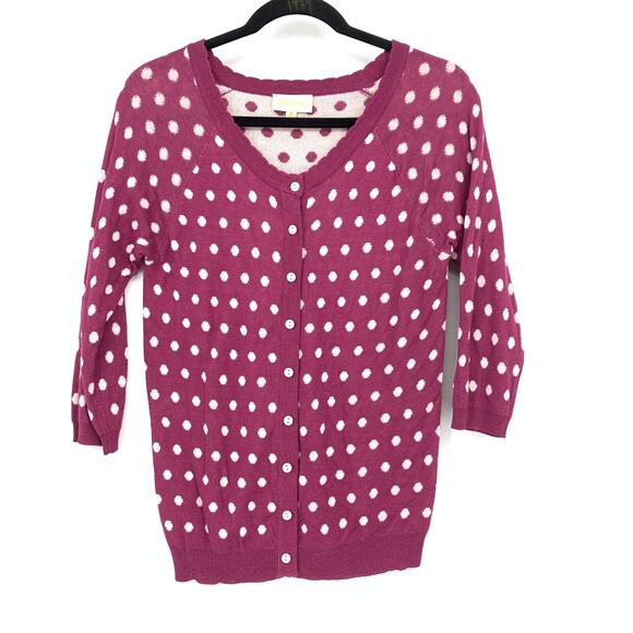 ModCloth 3/4 Sleeve Cardigan Sweater Womens Size Medium Purple White Polka Dot - Picture 1 of 6